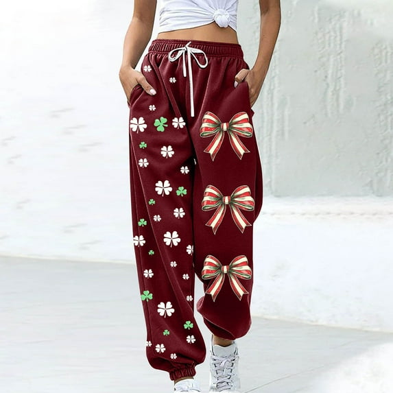 ClodeEU Women's St. Patrick's Day Print Jogger Pants with Elastic Waist, Drawstring ,Pockets A-Wine,Womens Plus L