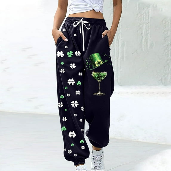 ClodeEU Women's St. Patrick's Day Print Jogger Pants with Elastic Waist, Drawstring ,Pockets B-Black,Womens Plus XL