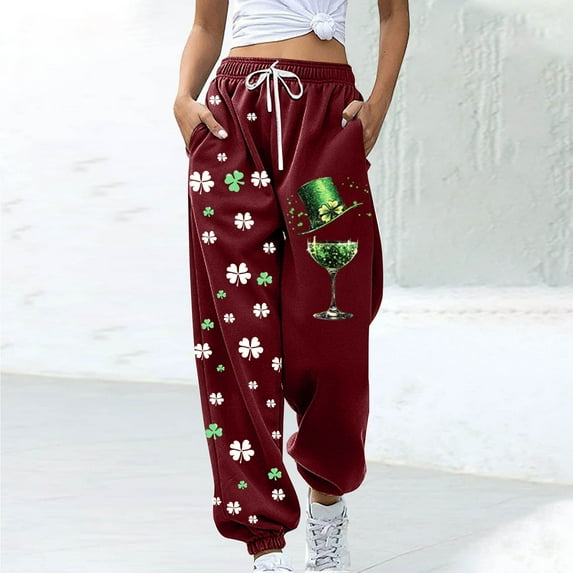 ClodeEU Women's St. Patrick's Day Print Jogger Pants with Elastic Waist, Drawstring ,Pockets B-Wine,Womens Plus XXL