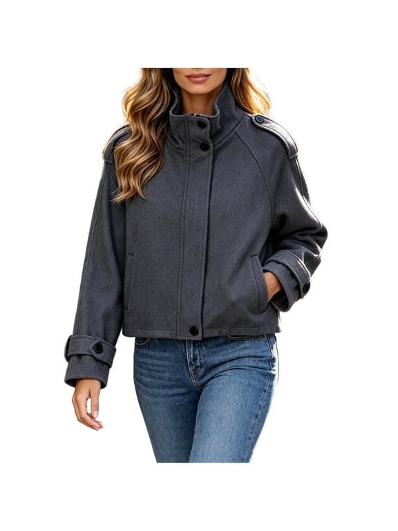 Women's Stand Collar Button Up Long Sleeve Cropped Jacket, Casual Wool Blend Outerwear with Pockets ,Women's S-L