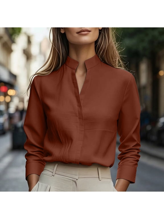 Women's Stand Collar Half Button Satin Long Sleeve Blouse,Elegant Business Casual Loose Work Shirt Tops ,Women's Plus L