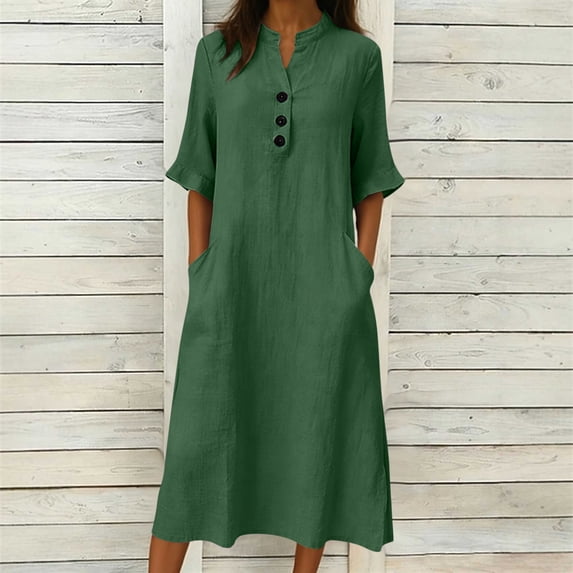 ClodeEU Women's Stand Collar Half Button Short Sleeve Linen Midi Dress,Casual Loose Fit Dress with Pockets Green,Women's Plus M