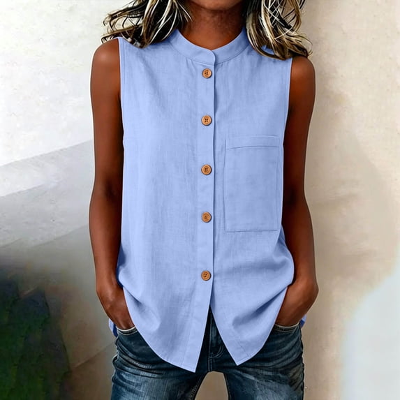 ClodeEU Women's Stand Collar Sleeveless Button Down Blouse,Casual Solid Color Linen Blend Tank Top Light Blue,Women's Plus L