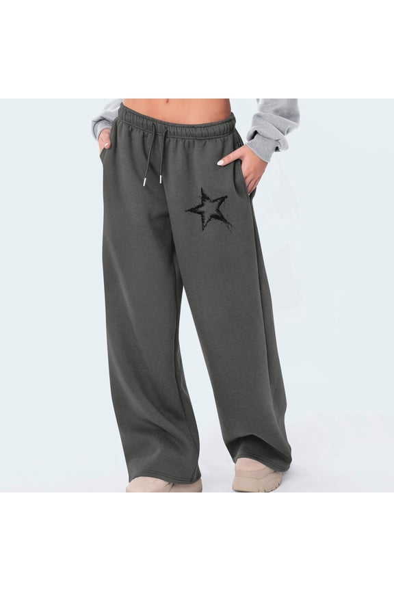 Women's Star Print Sweatpants,Elastic Waist With Drawstring , Baggy Wide Leg Sweatpants with Pockets Dark Gray,Womens Plus L