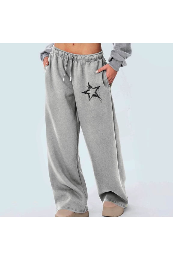 Women's Star Print Sweatpants,Elastic Waist With Drawstring , Baggy Wide Leg Sweatpants with Pockets Gray,Womens Plus L