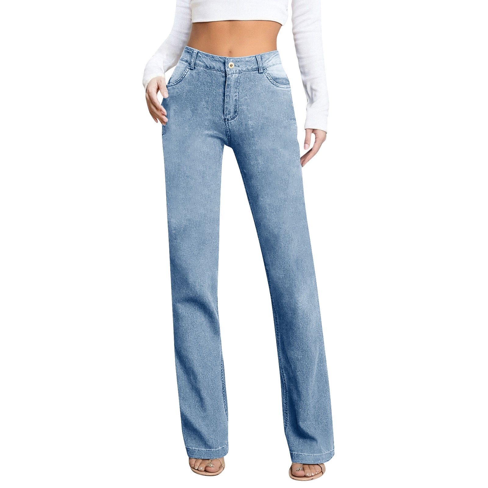 Women's Straight Jeans,Classic Stretchy Denim Pants ,Casual Trouser Jeans with Pockets Light Blue,Womens Plus XXL