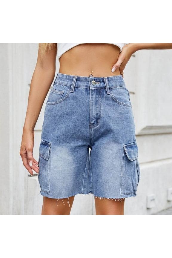 Women's Straight Leg Cargo Denim Knee Length Shorts with Side Pockets,Casual Baggy Jean Bermuda Pants Blue,Womens Plus S