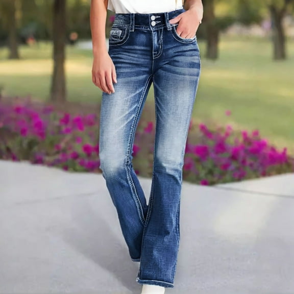 ClodeEU Women's Straight Leg Jeans ,Lightweight Stretch Mid Rise Bootcut Denim Pants, Casual Vintage Wash Jeans with Pockets Blue,Womens Plus M