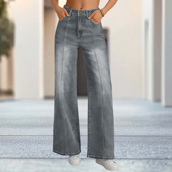ClodeEU Women's Straight Leg Loose Fit Jeans with Back Pockets,Slim Denim Pants for Spring Gray,Womens Plus M