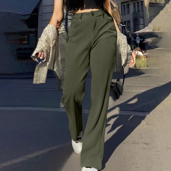 ClodeEU Women's Straight Leg Pants,Corduroy Loose Pant,Mid Rise Baggy Pocket Pants Army Green,Womens Plus S