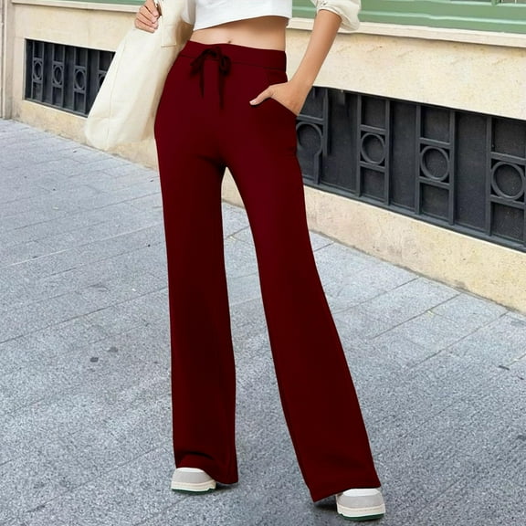 ClodeEU Women's Straight Yoga Pocket Pants, Solid Color High Waisted Comfortable Casual Pants Wine,Womens Plus S