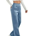 thumbnail image 1 of ClodeEU Women's Strencth High Waist Straight Leg Pants with Pockets, Solid Color Elastic Waist Long Trousers Light Blue,Womens Plus XXL, 1 of 4