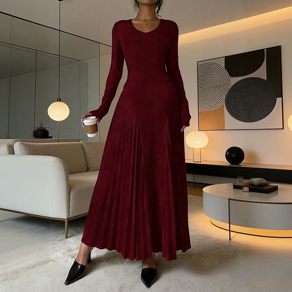ClodeEU Women's Stretch Long Sleeve Crewneck Pleated Maxi Dress ,Fitted Casual Ankle Length Dress Wine,Womens Plus S