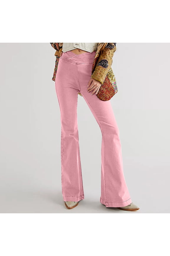 Women's Stretchy Flare Jeans,Elastic Waist Slimming Fit Denim Pants ,Casual Fashions Pant Pink,Womens Plus L