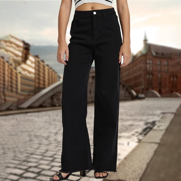 ClodeEU Women's Stright Leg Jeans,High Waisted Stretchy Denim Pants,Fit Trousers with Pockets,Casual Work Business Dress Pants Black,Womens Plus XS