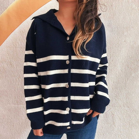 ClodeEU Women's Striped Cardigan Sweaters ,Button Down Long Sleeve V Neck Sweaters, Casual Knit Cardigans Coat Tops Navy,Womens Plus L