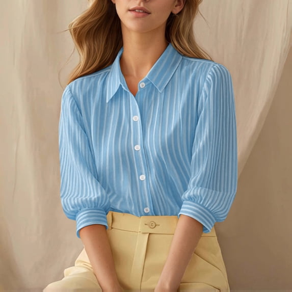 ClodeEU Women's Striped Collared 3/4 Sleeve Puff Sleeve Button Shirt, Elegant Blouse for Office and Casual Wear Blue,Women's Plus L