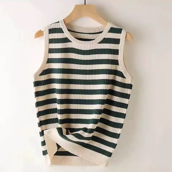 ClodeEU Women's Striped Crew Neck Tank Top, Casual Sleeveless Knit Blouse for Summer Green,Womens Plus XXXL