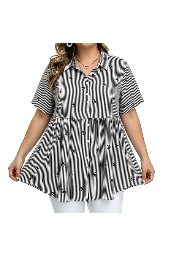 Women's Striped Embroidered Plus Size Print Short Sleeve Peplum Blouse, Casual Button Down Summer Shirt Black,Women's Plus XXL