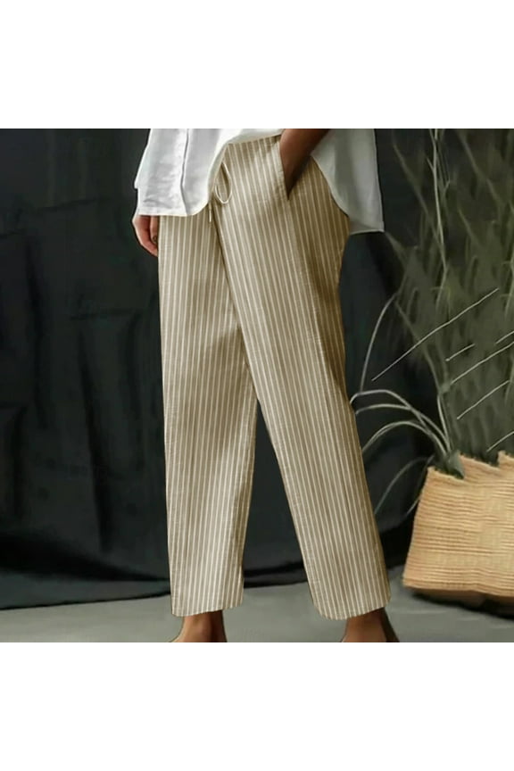 Women's Striped Harem Pants,Lightweight Loose Fit Capri Pants, Elastic Waist Linen Pants With Pockers Khaki,Womens Plus M