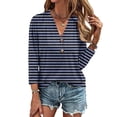 thumbnail image 1 of ClodeEU Women's Striped Henley Neck 3/4 Sleeve T Shirt ,Button Down V-Neck Top, Basic Ladies Loose Fit Tee Blue,Womens Plus XL, 1 of 6