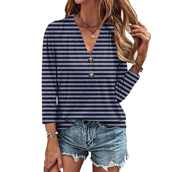 ClodeEU Women's Striped Henley Neck 3/4 Sleeve T Shirt ,Button Down V-Neck Top, Basic Ladies Loose Fit Tee Blue,Womens Plus XL
