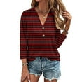 thumbnail image 1 of ClodeEU Women's Striped Henley Neck 3/4 Sleeve T Shirt ,Button Down V-Neck Top, Basic Ladies Loose Fit Tee Red,Womens Plus XXXL, 1 of 6