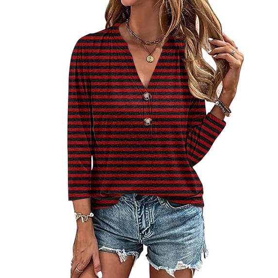 ClodeEU Women's Striped Henley Neck 3/4 Sleeve T Shirt ,Button Down V-Neck Top, Basic Ladies Loose Fit Tee Red,Womens Plus XXXL