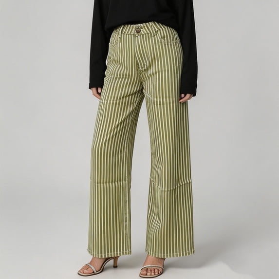ClodeEU Women's Striped High Rise Wide Leg Cropped Pant, Casual Slim Ankle Length Pants with Pockets Yellow,Women's Plus M
