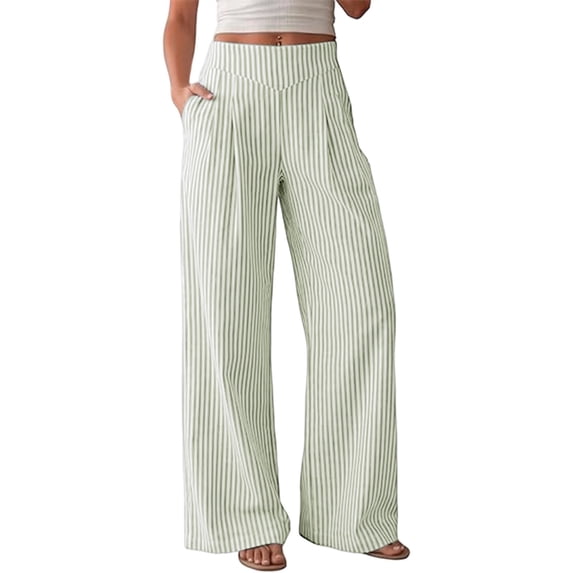 ClodeEU Women's Striped High Waist Pleated Wide Leg Pants,Casual Loose Trousers with Pockets ,Women's Plus L
