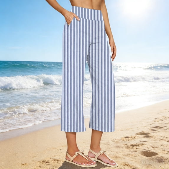 ClodeEU Women's Striped High Waist Straight Leg Cropped Pants,Casual Solid Color Capri Pants with Pockets Light Blue,Women's Plus M