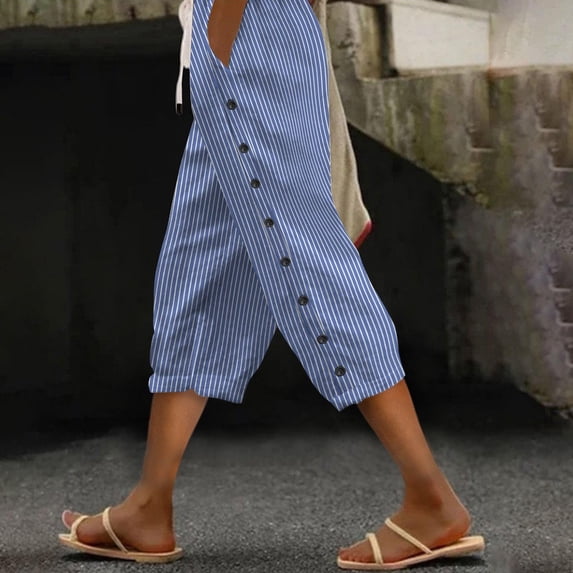 ClodeEU Women's Striped High Waisted Linen Blend Drawstring Elastic Waist Capri Pants with Side Button and Pockets ,Solid Color Casual Cropped Trousers Blue^,Womens Plus XXL
