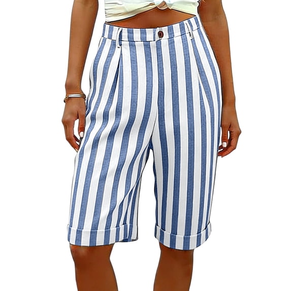 ClodeEU Women's Striped Linen Blend Bermuda Shorts,High Waist Knee Length Shorts with Pockets Light Blue,Women's Plus XXL
