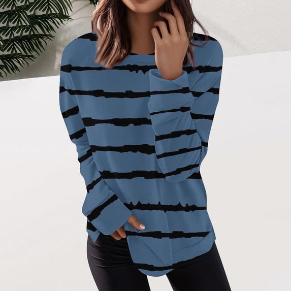 ClodeEU Women's Striped Long Sleeve T-Shirt,Fall Crew Neck T Shirts, Loose Casual Blouses Tops Dark Blue,Womens Plus S