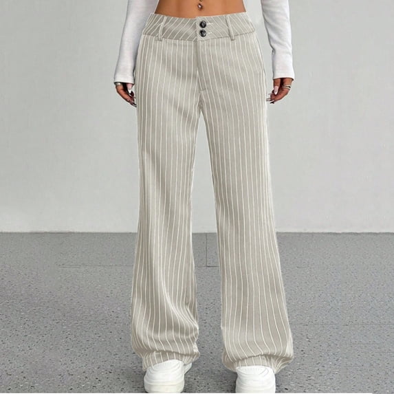 ClodeEU Women's Striped Mid Rise Wide Leg Flare Pants,Casual Suit Trousers with Pockets Gray,Women's Plus M