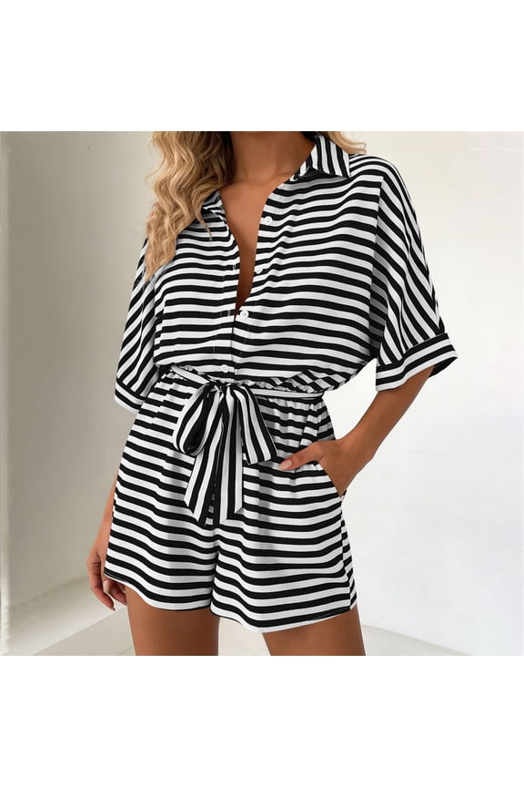 Women's Striped Notch Collar Button 3/4 Sleeve Romper with Belt,Casual Jumpsuit Shorts Black,Womens Plus M