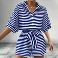 thumbnail image 1 of ClodeEU Women's Striped Notch Collar Button Front 3/4 Sleeve Romper with Belt ,Casual Jumpsuit Shorts Blue,Women's Plus S, 1 of 4