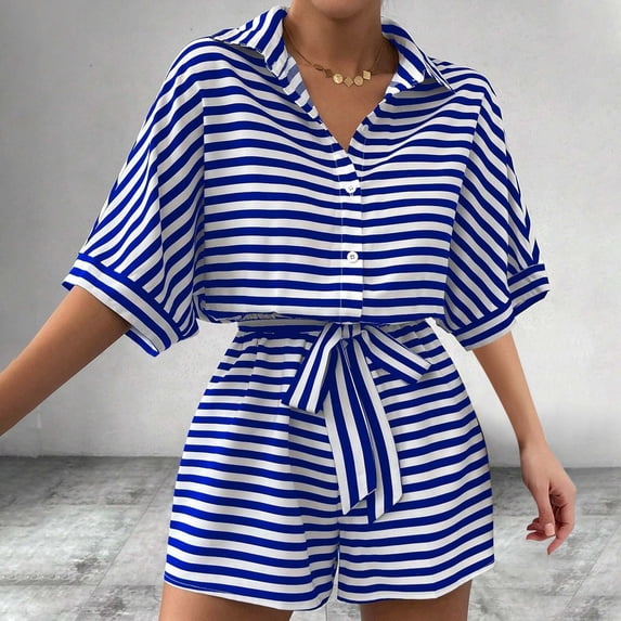 ClodeEU Women's Striped Notch Collar Button Front 3/4 Sleeve Romper with Belt ,Casual Jumpsuit Shorts Blue,Women's Plus S