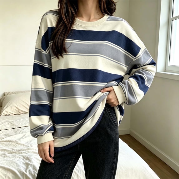ClodeEU Women's Striped Oversized Sweatshirt,Casual Long Sleeve Drop Shoulder Loose Pullover Tops ,Women's Plus L