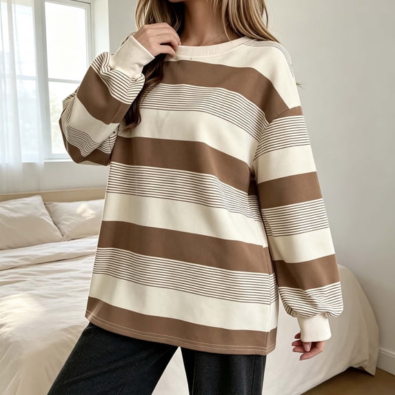 ClodeEU Women's Striped Oversized Sweatshirt,Casual Long Sleeve Drop Shoulder Loose Pullover Tops ,Women's Plus M
