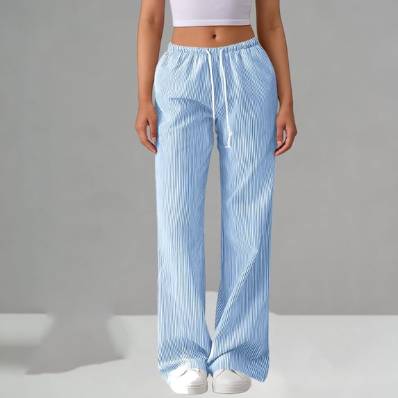ClodeEU Women's Striped Print Drawstring Elastic Waist Pants , Casual Long Trousers Blue,Womens Plus M