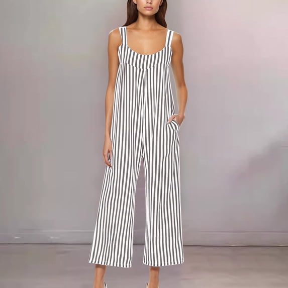 ClodeEU Women's Striped Print Jumpsuit,Sleeveless Square Neck One Piece ,Beach Travels Outfits Vacation Gray,Womens Plus XXL