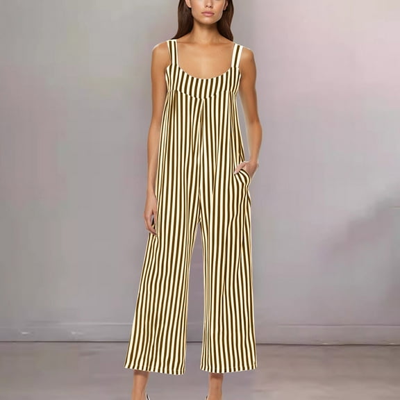 ClodeEU Women's Striped Print Jumpsuit,Sleeveless Square Neck One Piece ,Beach Travels Outfits Vacation Yellow,Womens Plus M