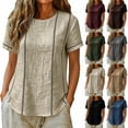 thumbnail image 1 of ClodeEU Women's Striped Round Neck Short Sleeve Blouse,Casual Summer Linen Blend Tee Gray,Women's Plus S, 1 of 9