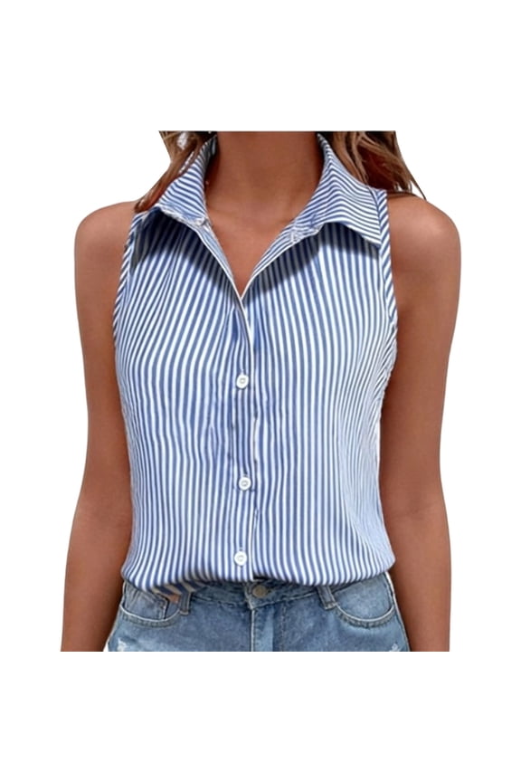 Women's Striped Sleeveless Button Down Shirt, Collared Casual Blouse Blue,Women's Plus XL