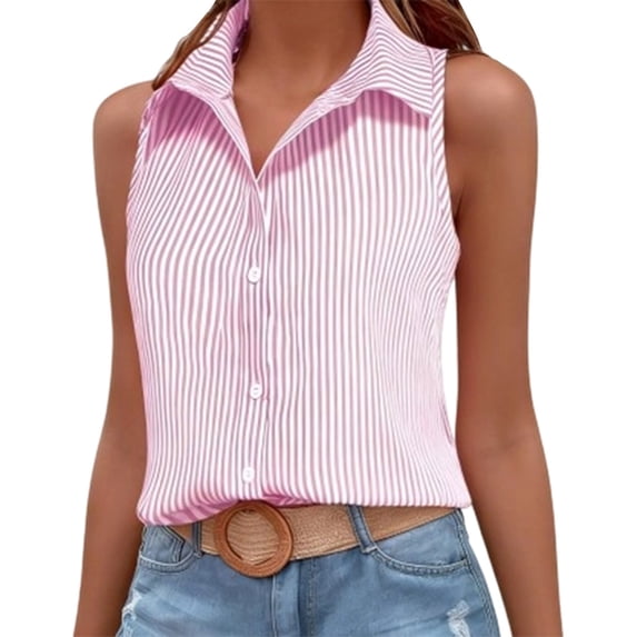 ClodeEU Women's Striped Sleeveless Button Down Shirt, Collared Casual Blouse Pink,Women's Plus S