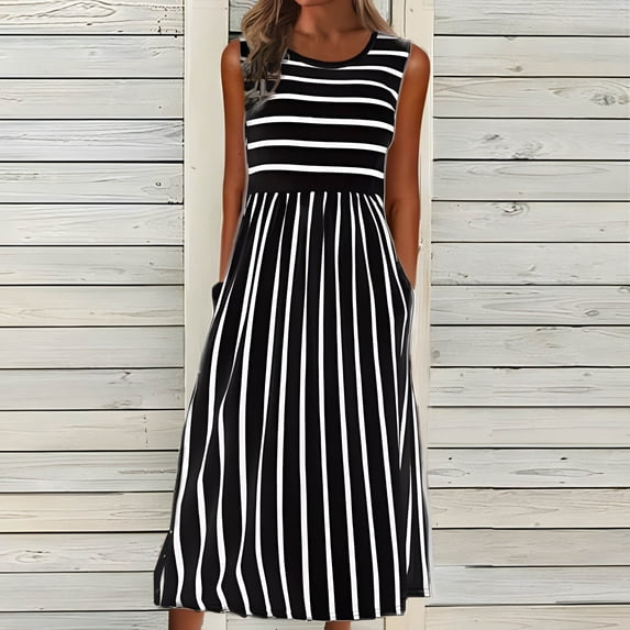 ClodeEU Women's Striped Sleeveless Crewneck Midi Dress with Pockets,Casual Summer Dress Black,Womens Plus XXL