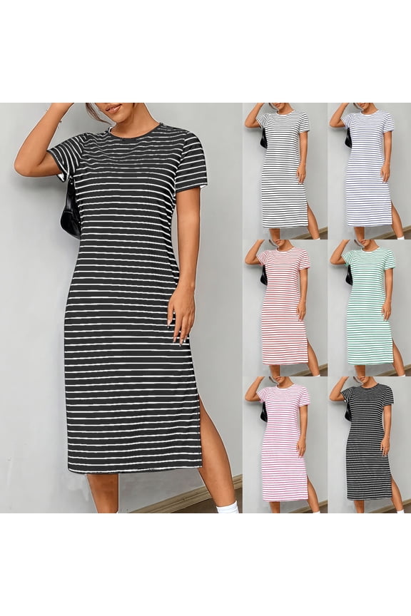 U Women's Striped T Shirt Dress ,Crewneck Short Sleeve Split Hem Summer Midi Dresses Red,Womens Plus L