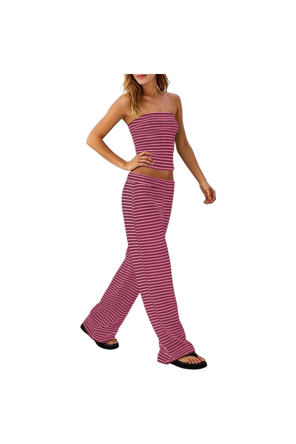 Women's Striped Two Piece Set, Strapless Sleeveless Top and Lounge Pants, Fashion Casual Loose Outfit Red,Womens Plus M