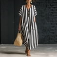 thumbnail image 1 of ClodeEU Women's Striped V Neck Short Sleeve Linen Blend Midi Dress, Casual Loose Swing Sundress with Pockets Black,Women's Plus L, 1 of 7